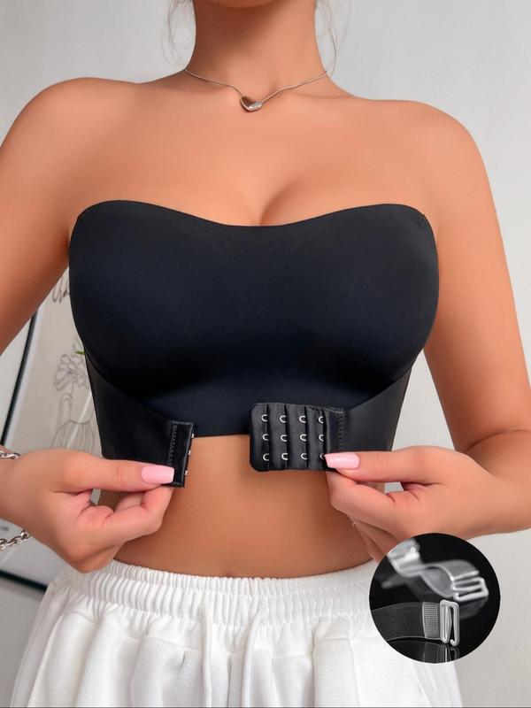 Women's Solid Color Push Up Bra with Transparent Shoulder Strap, Soft Comfortable Breathable Seamless Strapless Wireless Bra, Women's Lingerie for All Seasons